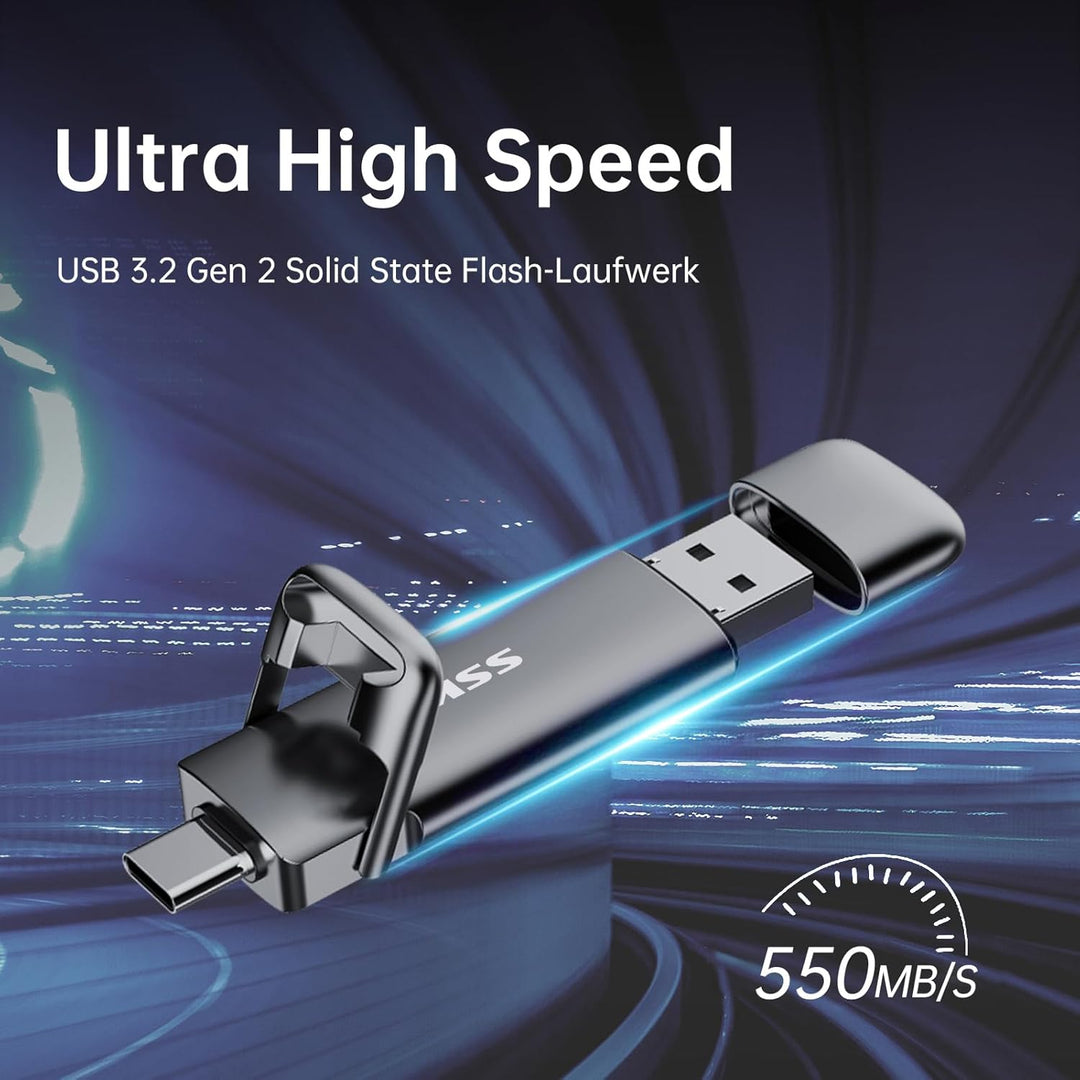 SSK USB C Externe SSD 256GB, mit bis zu 550 MB/s Extreme schneller USB-Stick, Dual-USB Typ C + A USB