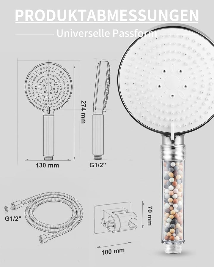 OFFO Filter Duschkopf mit Schlauch 1,6m und Halterung, Handbrause mit 6 Strahlarten, 13cm Duschkopf