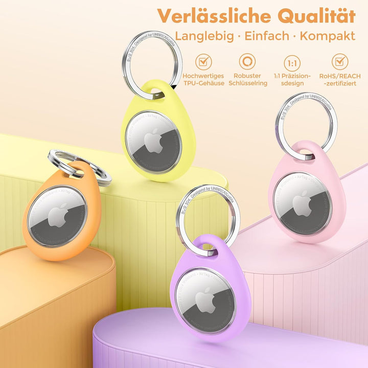 UNBREAKcable 360° Schutzhülle für AirTag [4er-Pack], TPU Vollschutz Schlüsselanhänger mit 304 Edelst