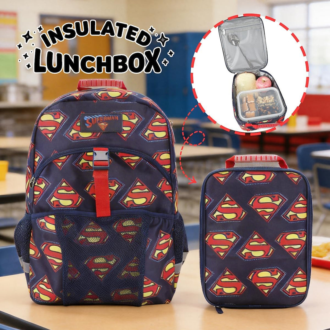 Bioworld 40,6 cm Rucksack und Lunchbox-Set für Schule und Reisen, Superman-Logo, AOP, Marineblau, Su