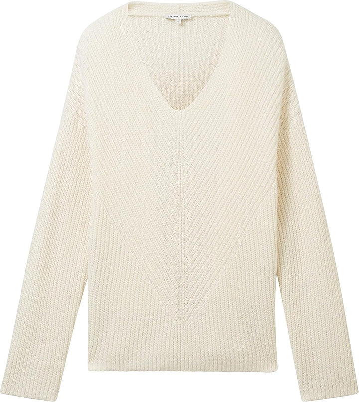 TOM TAILOR Damen Basic Pullover mit V-Ausschnitt M 10354-soft Beige Solid, M 10354-soft Beige Solid