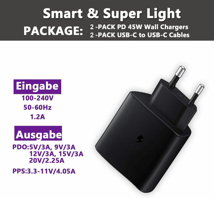2 Pack 45W USB C Schnellladegerät mit 1.5m USB-C Ladekabel, PPS-Schnellladen Stecker für Samsung Gal