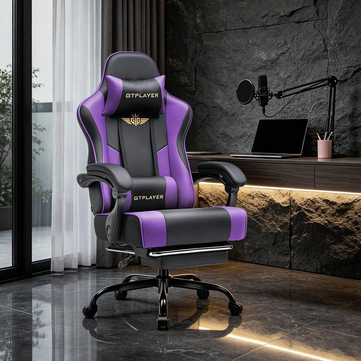 GTPLAYER Gaming Stuhl Chair Gamer Sessel - Ergonomischer Gamer Stuhl mit Fussstütze Kopfstütze und L