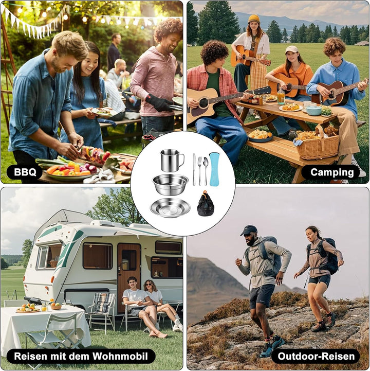 Campingbesteck Set 1 Person, Camping Geschirr Set Edelstahl mit Schalen Teller Tassen Gabeln Löffel