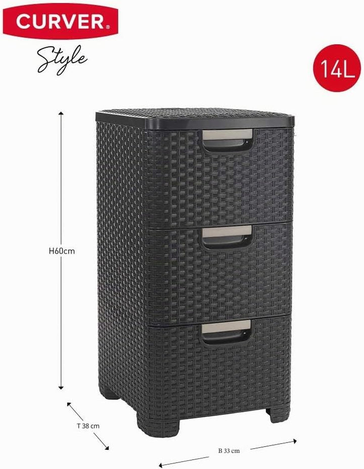 Curver 06604-210-00 Rattanoptik 3 x 13,5 L Schubladenturm, Plastik, Dunkelbraun, 37,77 x 32,77 x 60