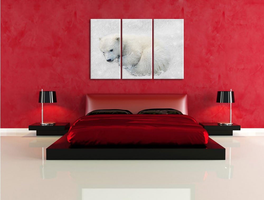 Pixxprint Eisbär im Schnee als Leinwandbild/Grösse: 3 Teilig (120x80) cm/Wandbild/Kunstdruck/fertig