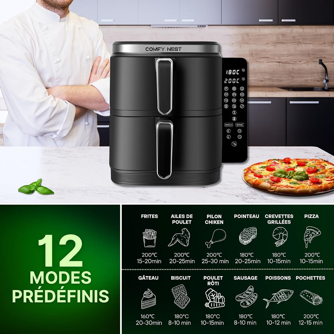 Comfy Nest, 11-Liter-Doppelkorb-Luftfritteuse, Heissluftfritteuse, gleichzeitiges Kochen, digitaler