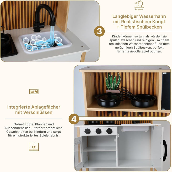 Kinderküche aus Holz mit Licht & Sound – Spielküche mit Zubehör, Herd, Backofen, Spüle, Mikrowelle –