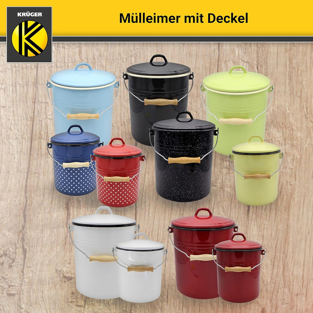 KRÜGER Mülleimer mit Deckel - Stahl Abfalleimer mit Emaille-Beschichtung und Holzgriff - schnitt- un