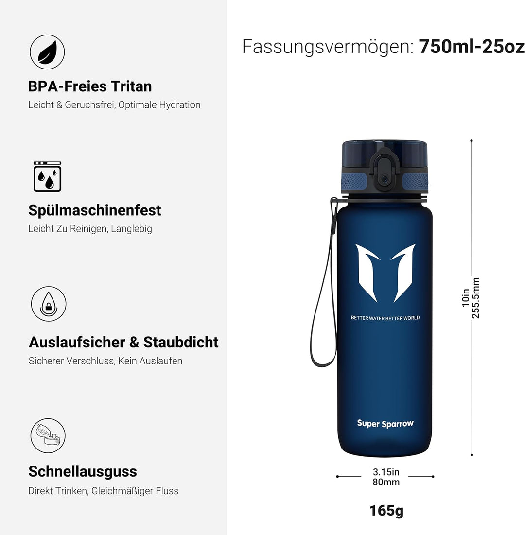 Super Sparrow Trinkflasche - Tritan Wasserflasche - 350ml, 500ml, 750ml, 1000ml - BPA-frei - Ideale