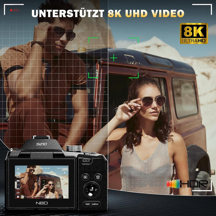 NBD 8K Digitalkamera 64MP mit 16X Optischem Zoom & Hot Shoe, 3" 180° Drehdisplay, Wi-Fi, v. 64GB TF-