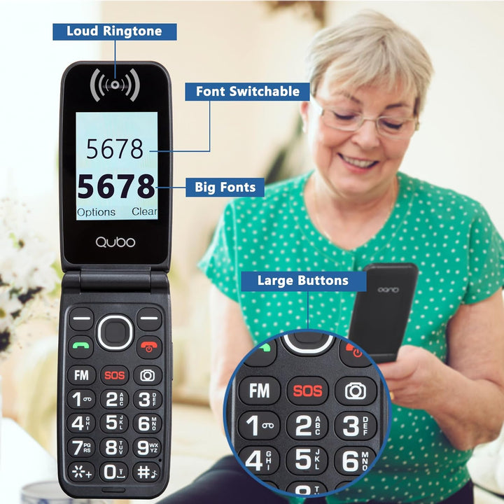 Qubo Flip Phone for Seniors with Charge Station,Simlock-Free Senior Mobile Phone Folding Mobile Phon