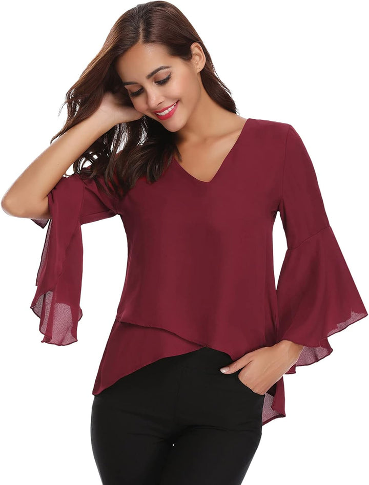Gyabnw Damen Chiffon Bluse Volantärmeln Tunika 3/4 Arm Elegant Chiffontunika Festlich Chiffon Bluse