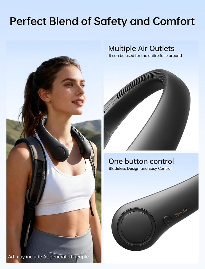 JISULIFE Tragbarer Nackenventilator, Hals-Ventilator ohne Flügel, 5 Geschwindigkeiten, 4000 mAh Batt