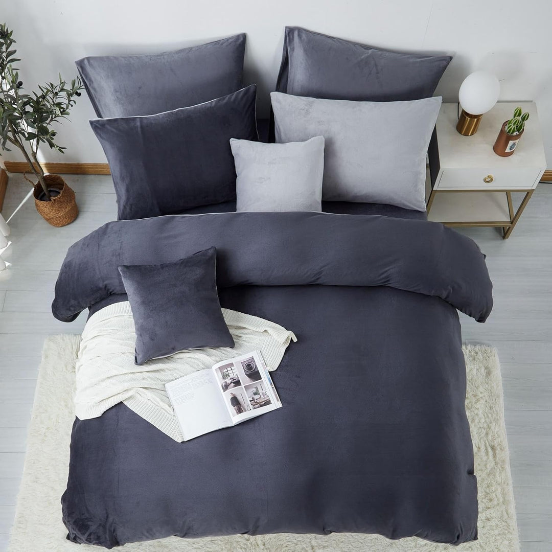 Freyamy Plüsch Bettwäsche 200x200cm 3Teilig Dunkelgrau Grau Samt Biber Cashmere Touch Winterbettwäsc