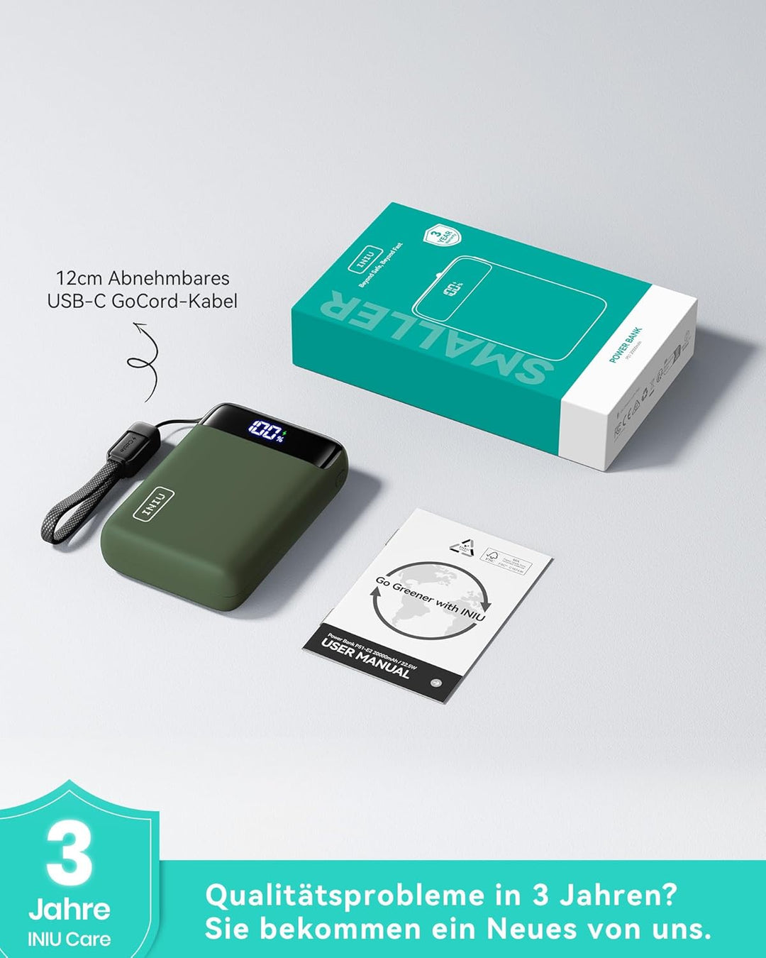 INIU Power Bank, Ultra Klein 20000mAh 22.5W Schnellladefunktion Power Bank, USB-C In&Out Externe Han