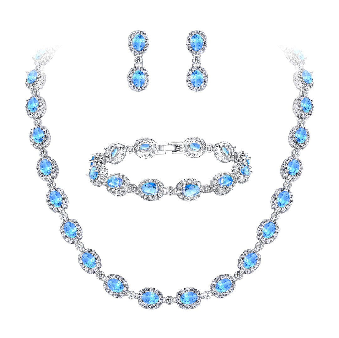 EVER FAITH Damen CZ Hochzeit Braut Oval Teardrop Halskette Ohrringe Armband Set Silber-Ton Hell Blau