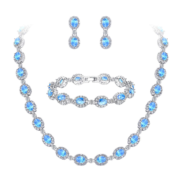 EVER FAITH Damen CZ Hochzeit Braut Oval Teardrop Halskette Ohrringe Armband Set Silber-Ton Hell Blau