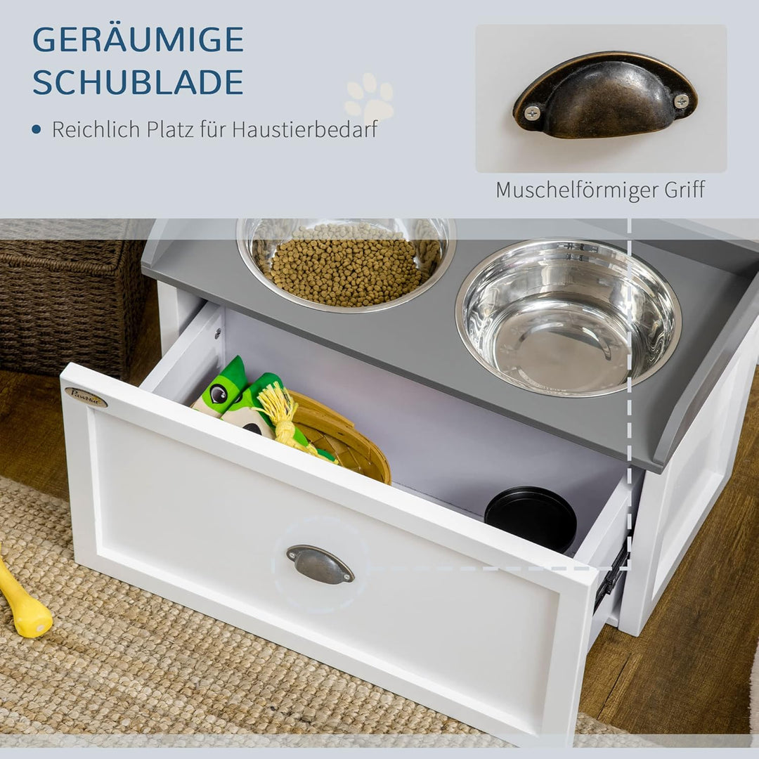 PawHut Hundenapf mit Schublade, 2 x 2L Futternapf, erhöhter Fressnapf, Edelstahlnapf, Futterstation