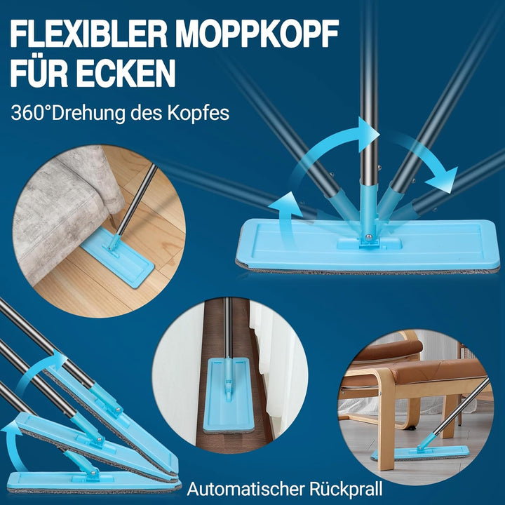MASTERTOP Wischmopp Set mit Eimer, 2 in 1 Bodenwischer Flachmopp mit Edelstahlgriff und 6 Mikrofaser