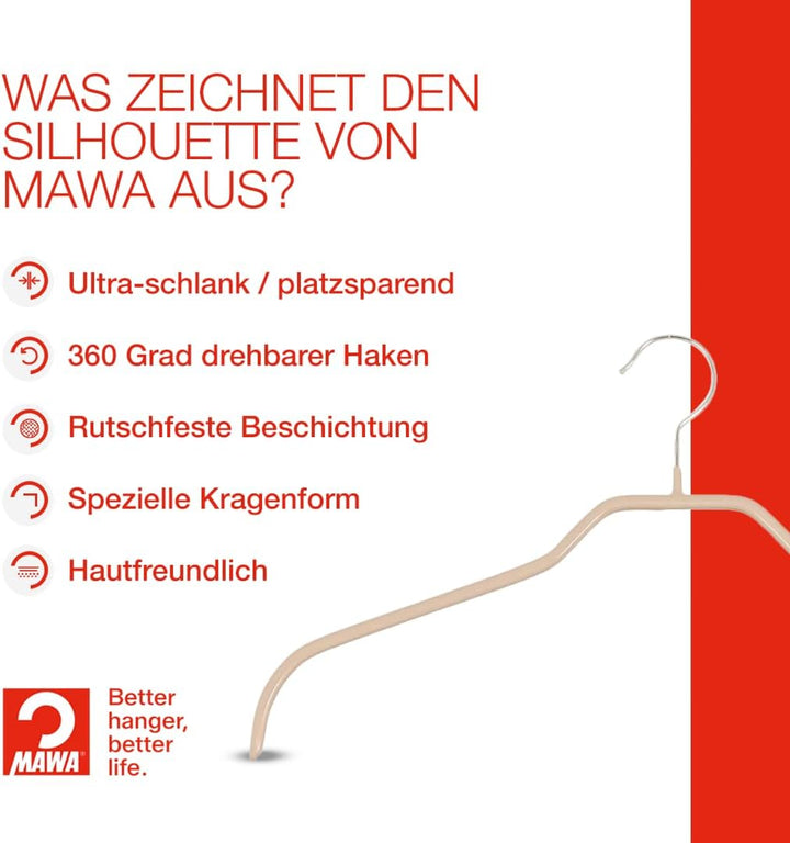MAWA Kleiderbügel, Set mit 10 platzsparenden und rutschfesten Bügeln, ideal für Hemden und Blusen, m