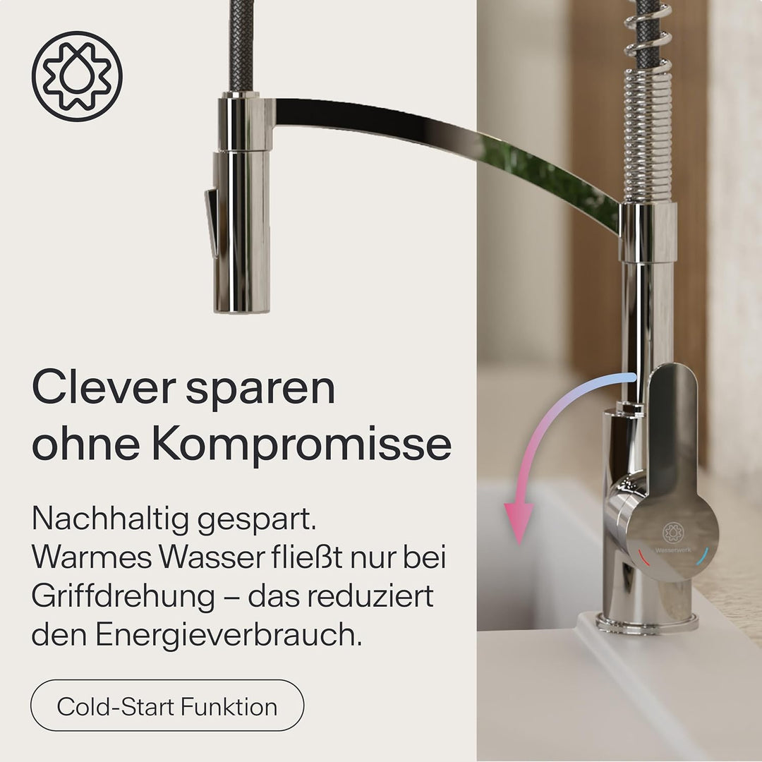 WK3 Küchenarmatur - Design-Wasserhahn Küche - Chrom - Herunterziehbare Brause - Armatur mit Energies