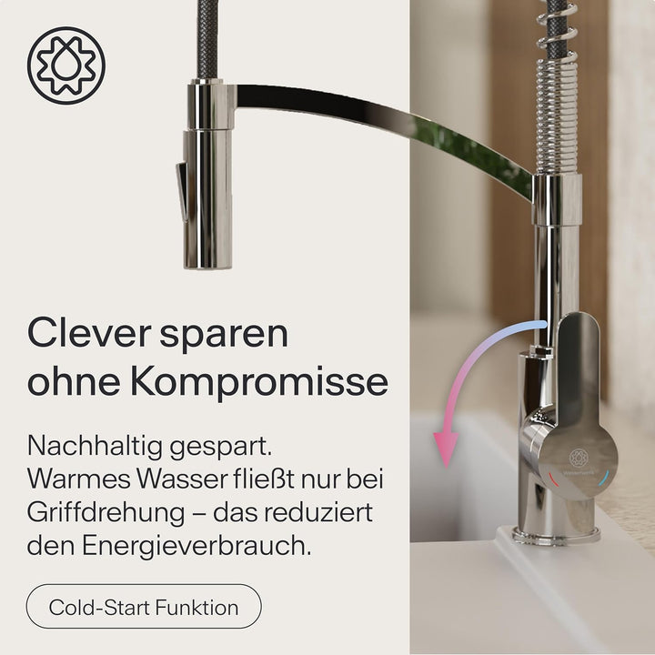 WK3 Küchenarmatur - Design-Wasserhahn Küche - Chrom - Herunterziehbare Brause - Armatur mit Energies