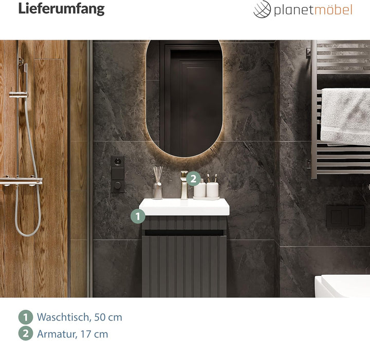 Planetmöbel Cosmia Badmöbel Set Waschtisch mit Unterschrank 50 x 60 x 35 cm Anthrazit, Armatur Badez