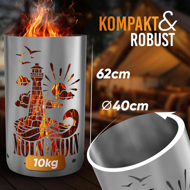 TiKo-Design® Feuertonne - Lagerfeuertonne - Feuerkorb mit Leuchtturm Moin Moin Motiv – Verleihen Sie