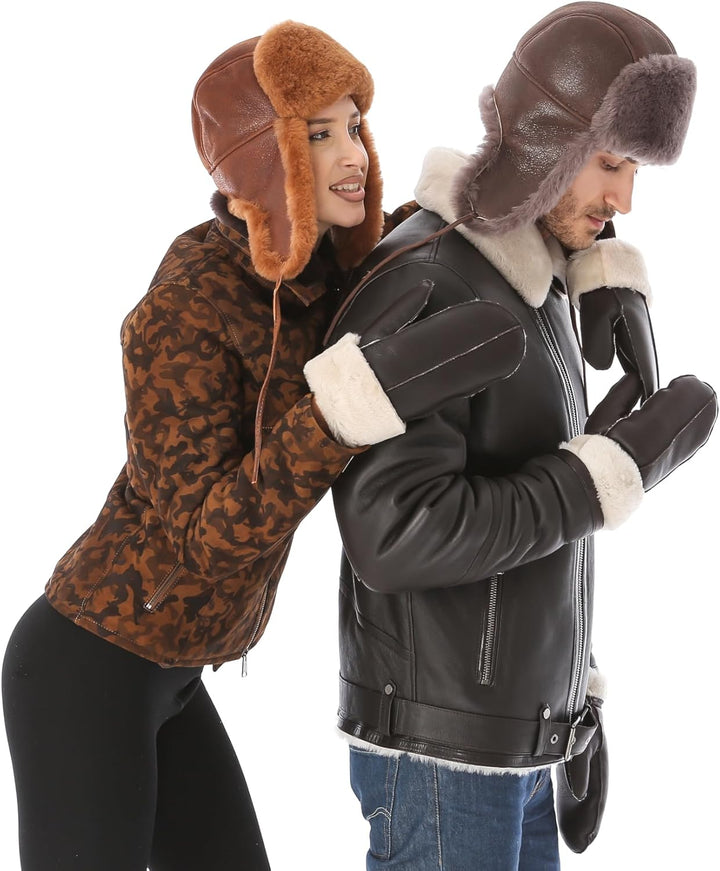 Unisex Fliegermütze aus Schafsleder, Russische Ushanka Trapper Winterfellmütze M Taupe, Braun, M Tau