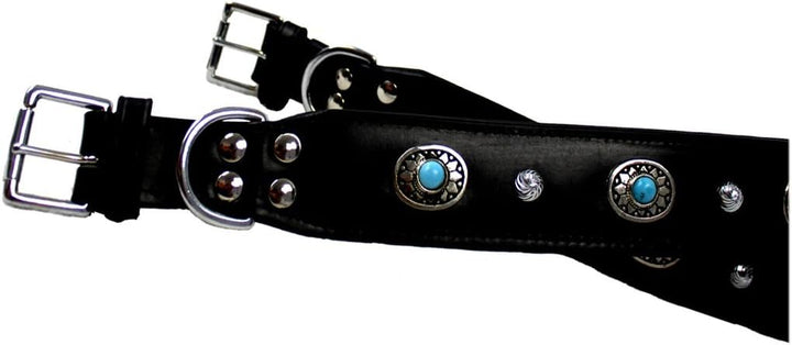 MICHUR Alonzo Hundehalsband Leder Schwarz Breit, Lederhalsband, Halsband, Blaue Steine MIT RUNDNIETE