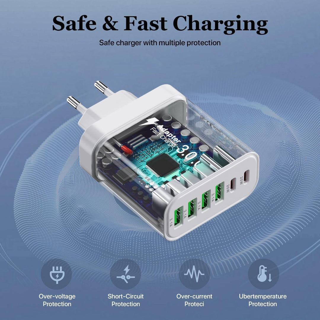 USB C Ladegerät, Multi Port Ladestecker, 52W 6-Port Ladeblock, Dual PD Schnellladegerät, USB C Wandl