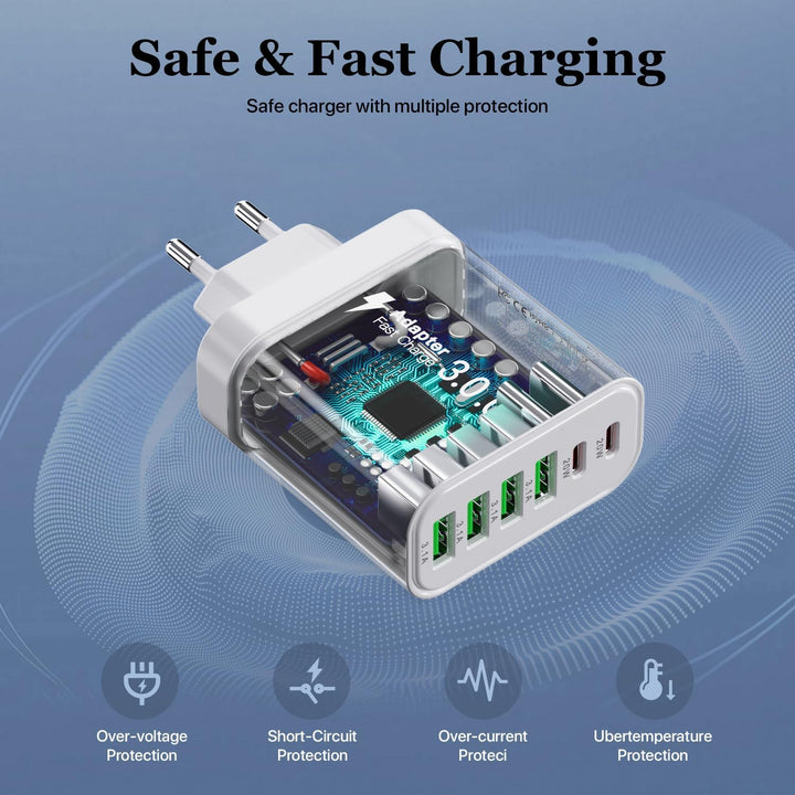 USB C Ladegerät, Multi Port Ladestecker, 52W 6-Port Ladeblock, Dual PD Schnellladegerät, USB C Wandl