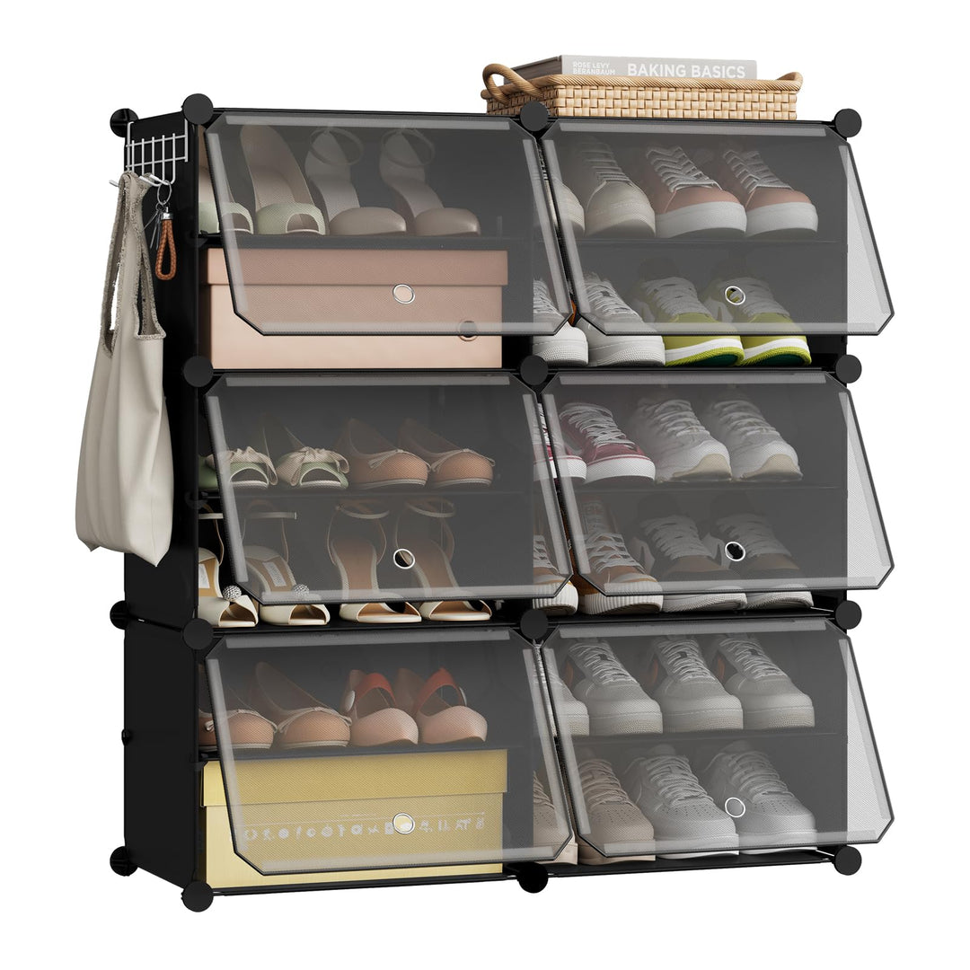 WOLTU Schuhregal, Schuhschrank mit 6 Fächern, Platzsparend, Mit Haken, Schuhablage Kunststoff, für F