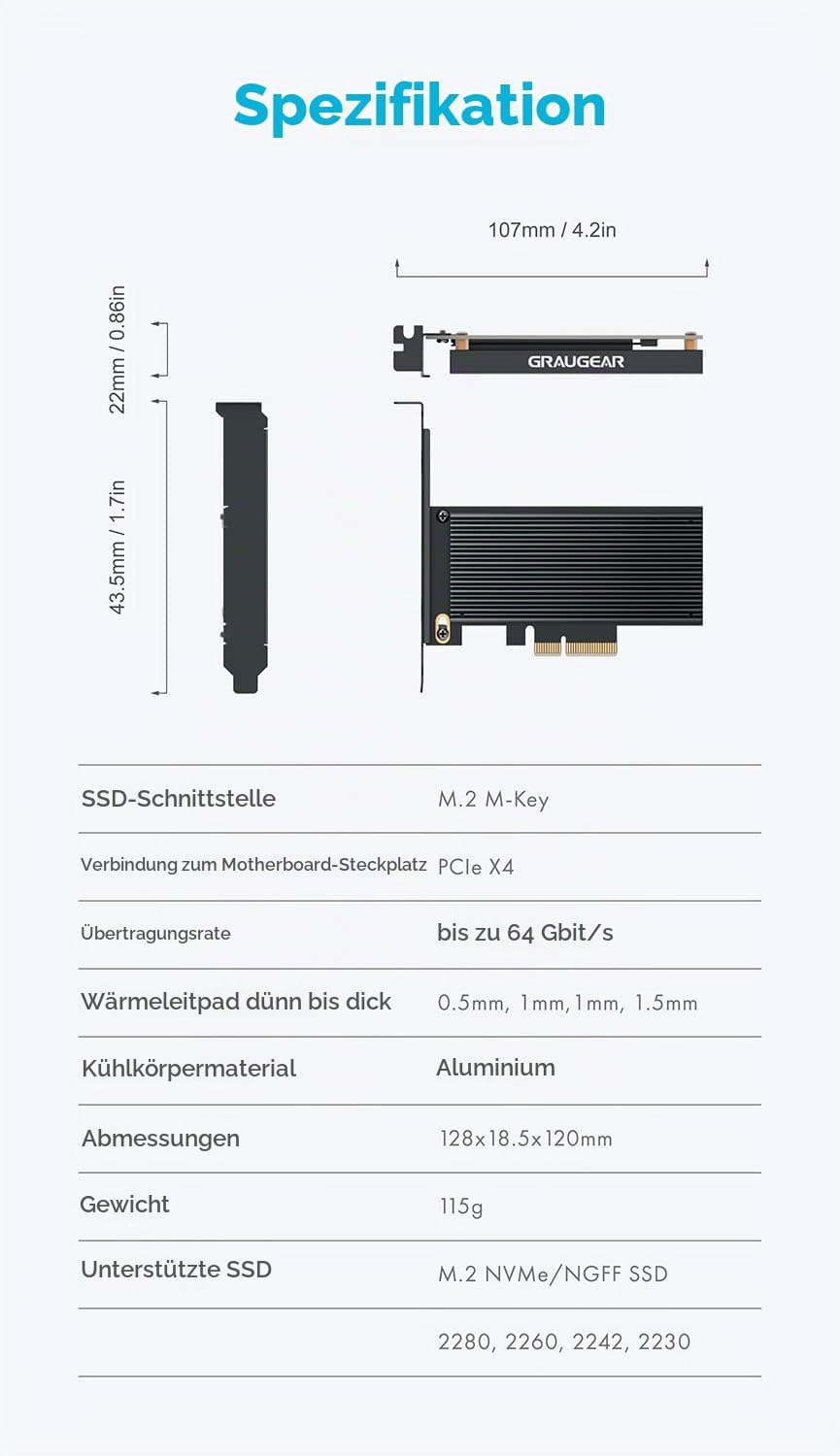 GRAUGEAR M.2 PCIe 4.0 Adapter-Karte für NVMe SSD, M-Key, grosser Aluminium-Kühlkörper, Unterstützt 2
