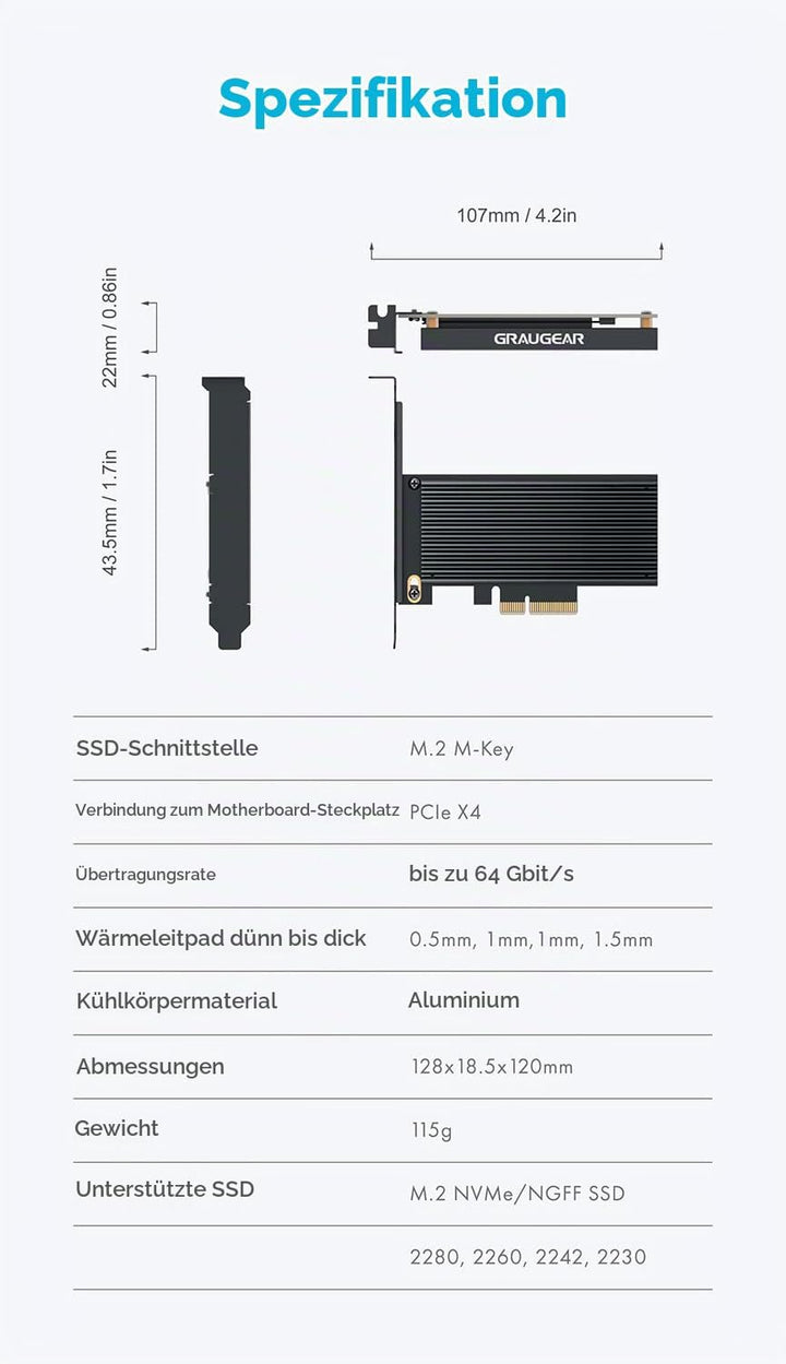 GRAUGEAR M.2 PCIe 4.0 Adapter-Karte für NVMe SSD, M-Key, grosser Aluminium-Kühlkörper, Unterstützt 2