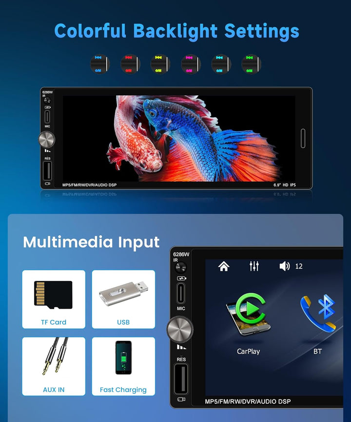 Rimoody Autoradio 1 Din mit Wireless Carplay Android Auto, 6.9 Zoll 1 Din Autoradio Bluetooth Kompat
