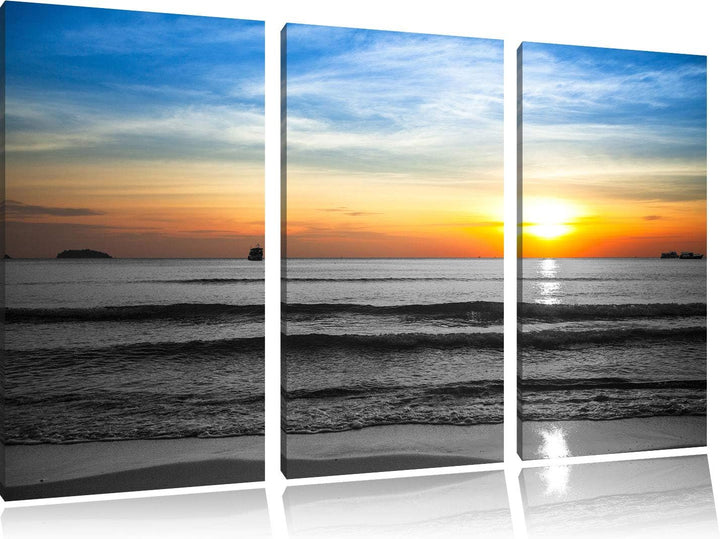 Malibu Beach Sunrise Water Sand schwarz/weiss 3-Teiler Leinwandbild 120x80 Bild auf Leinwand, XXL ri