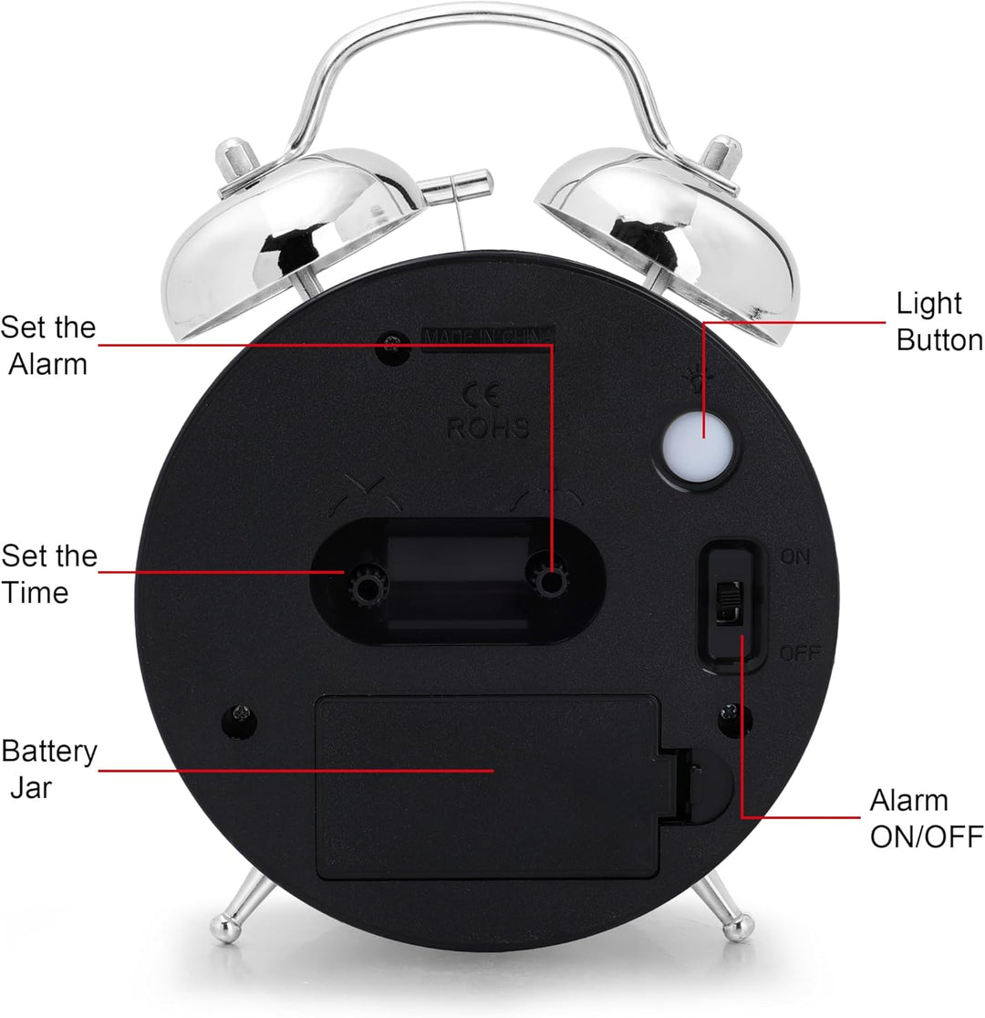 Lafocuse Doppelglockenwecker 16cm Analog Ohne Ticken, Metall Silber Wecker mit Grosses Zifferblatt,