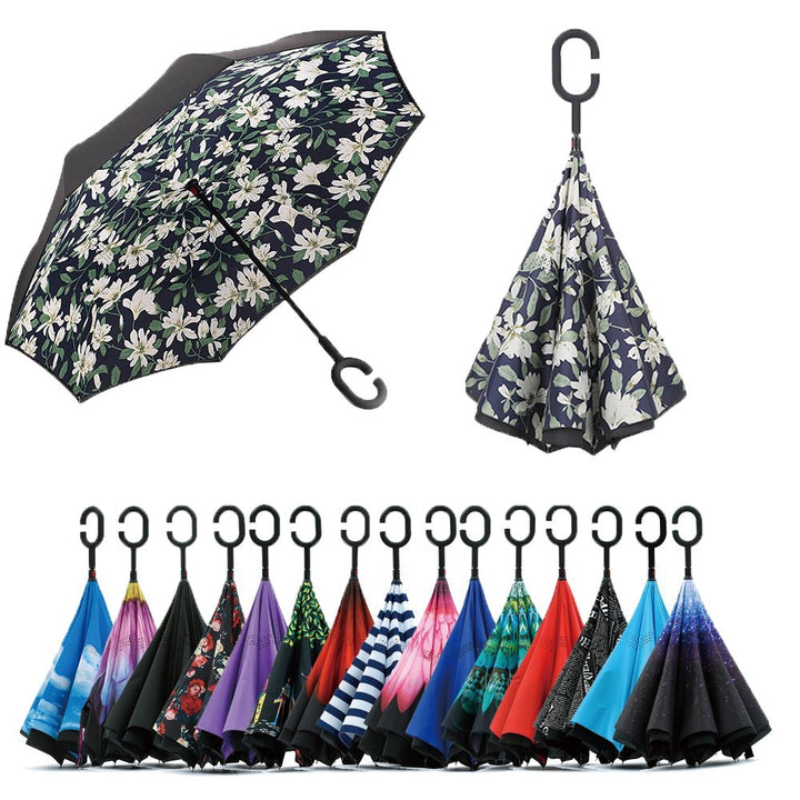 Jooayou Umdrehbarer Regenschirm mit 2 Flächen, C-förmiger Griff, rückseitig faltbarer Regenschirm, A