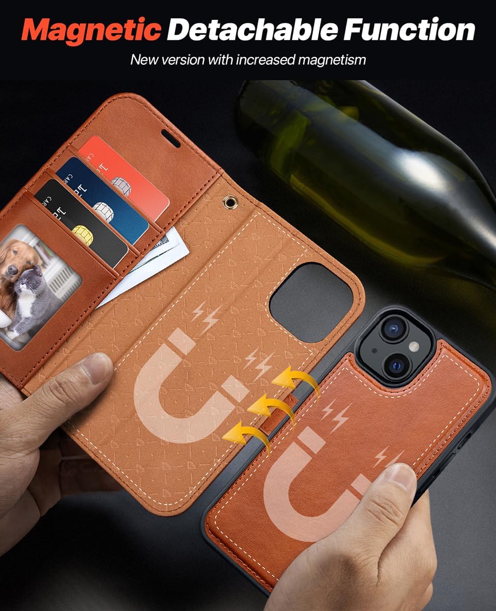 OCASE Kompatibel für iPhone 15 Hülle (2in1) Leder Stossfestes Case, Abnehmbare magnetische Hülle, Mi