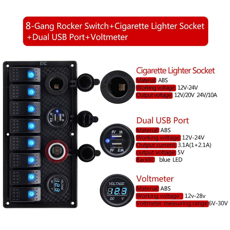 Geloo Marine Boat 8 Gang Schalter Panel Wasserdicht Toggle Rocker Zündschalter mit Voltmeter Display