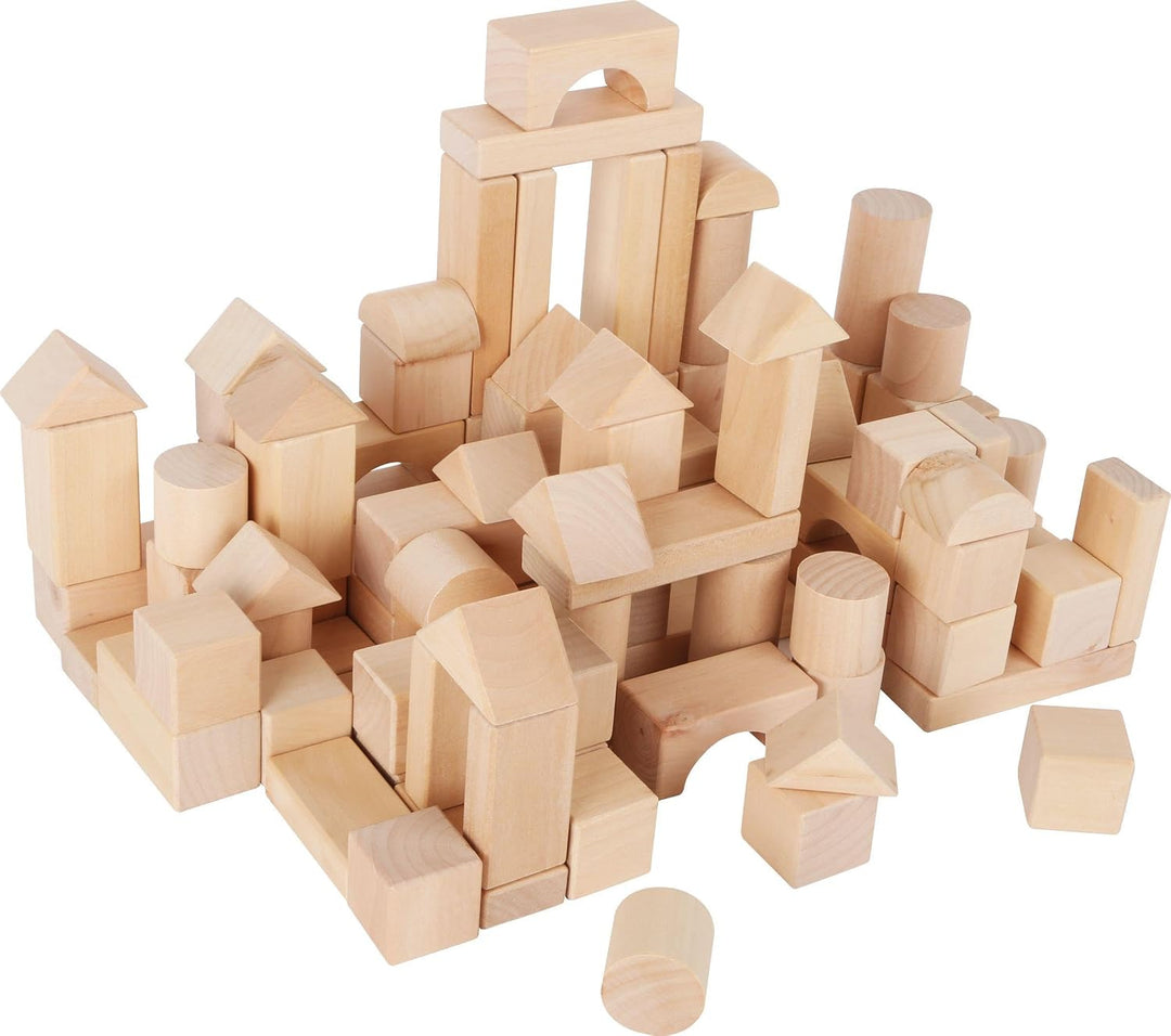 small foot Naturbausteine aus Holz, 100 Bausteine in verschiedenen Formen, mit Leinenbeutel, ab 12 M
