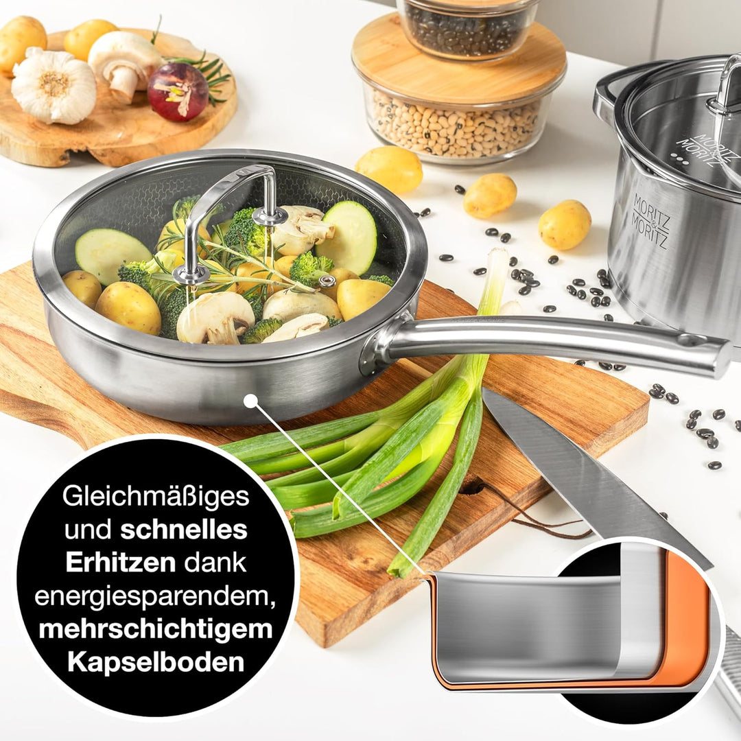 Moritz & Moritz Edelstahlpfanne mit Deckel 24cm und Keramikbeschichtung der neuesten Generation - fü