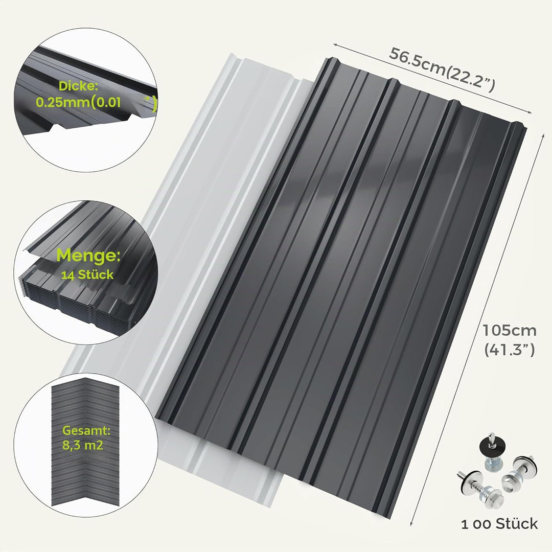 Mondeer 14x Trapezbleche, 105cm x 56cm = 8 m² Dachblech Metall, Dachplatten Verzinkter Stahl 0.25mm,