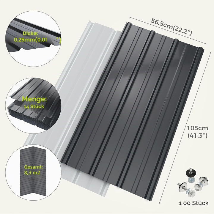 Mondeer 14x Trapezbleche, 105cm x 56cm = 8 m² Dachblech Metall, Dachplatten Verzinkter Stahl 0.25mm,