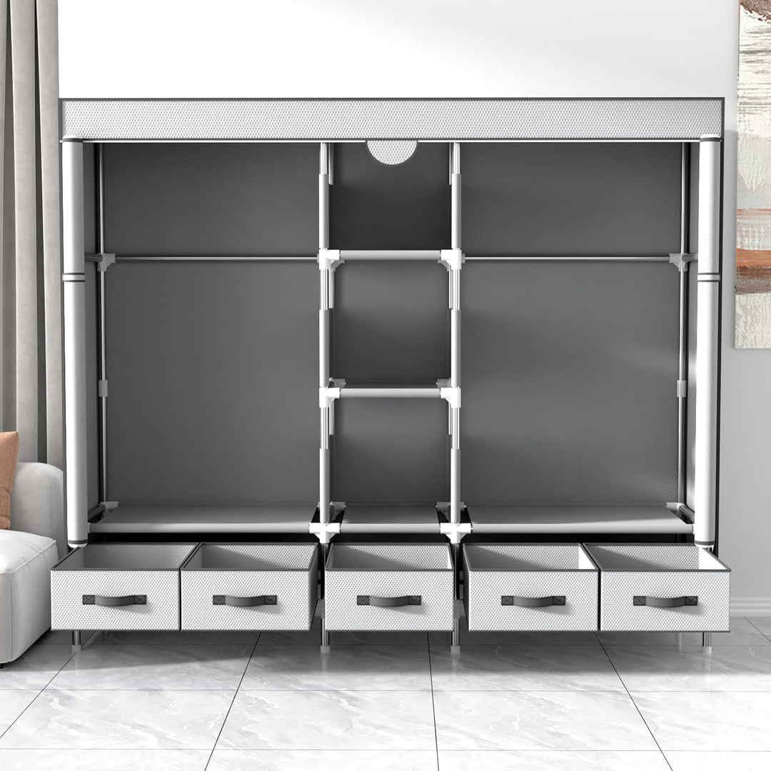 Kleiderschrank,Schlafzimmer Stoffschrank,Kleiderstander mit Schubladen,Faltbar Garderobe mit 2 Kleid
