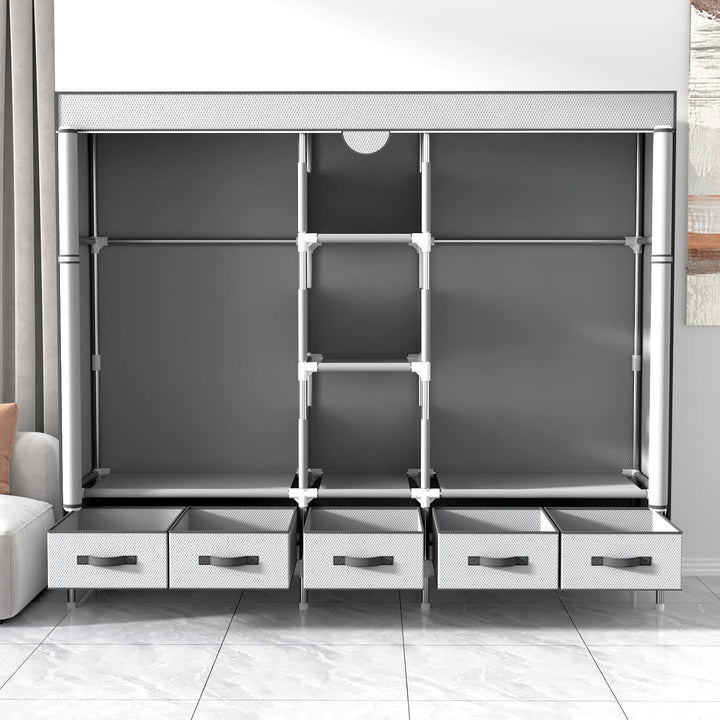 Kleiderschrank,Schlafzimmer Stoffschrank,Kleiderstander mit Schubladen,Faltbar Garderobe mit 2 Kleid