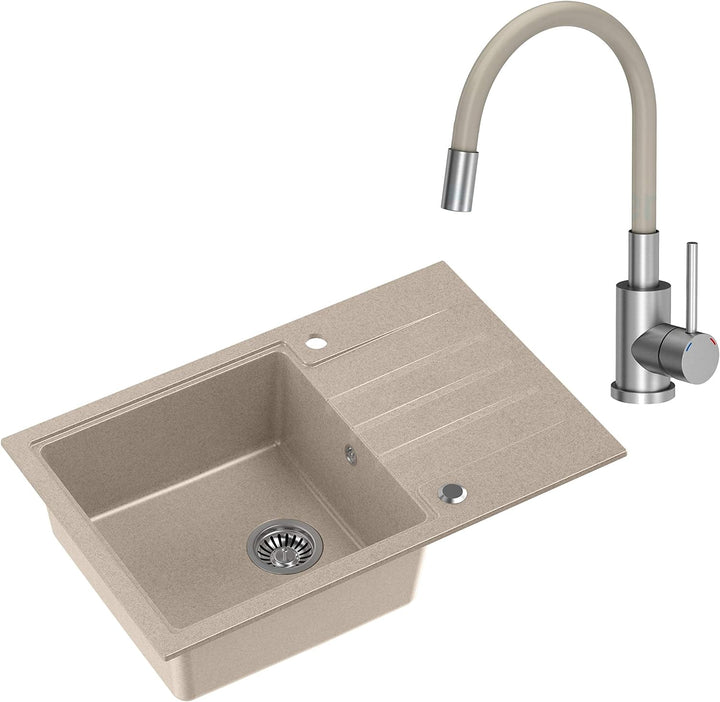 VBChome Spüle mit Armatur 78 x 50 cm Tiefes Becken 20cm Beige Küche Grosse Abtropfflache Einbauspüle