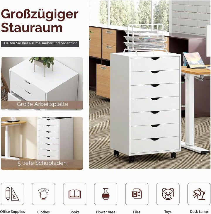 soges Vertikaler Aktenschrank mit 7 Schubladen, mit Rollen, mobiler Aktenschrank unter dem Schreibti